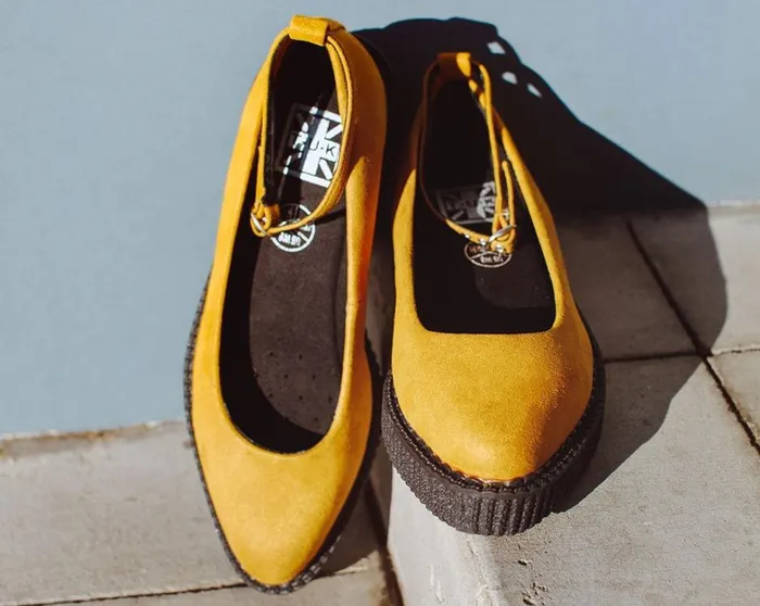 Mustard Faux Suede Pointed Ballet Ankle Strap Creeper Women TUK Shoes Mary Janes Mustard Faux Suede Pointed Ballet Ankle Strap Creeper Women TUK Shoes Mary Janes