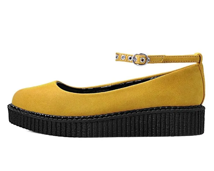 Mustard Faux Suede Pointed Ballet Ankle Strap Creeper Women TUK Shoes Mary Janes Mustard Faux Suede Pointed Ballet Ankle Strap Creeper Women TUK Shoes Mary Janes
