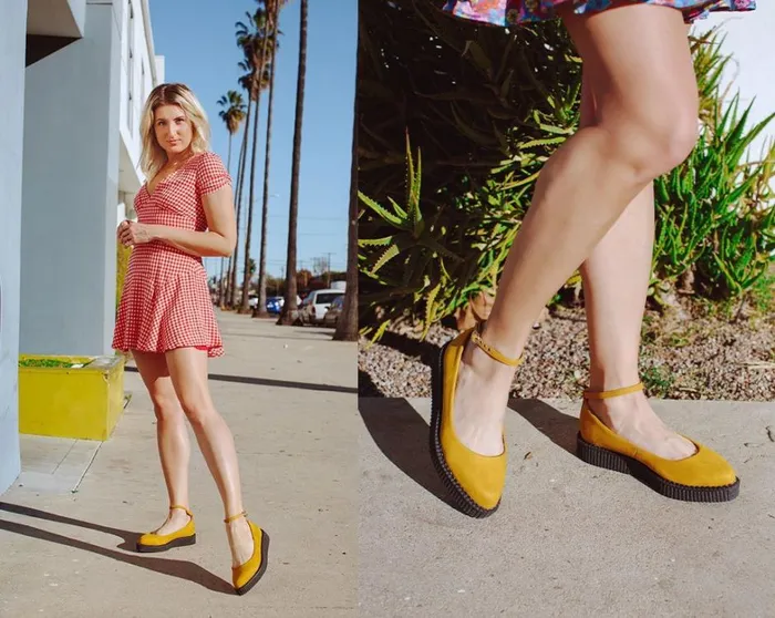 Mustard Faux Suede Pointed Ballet Ankle Strap Creeper Women TUK Shoes Mary Janes Mustard Faux Suede Pointed Ballet Ankle Strap Creeper Women TUK Shoes Mary Janes