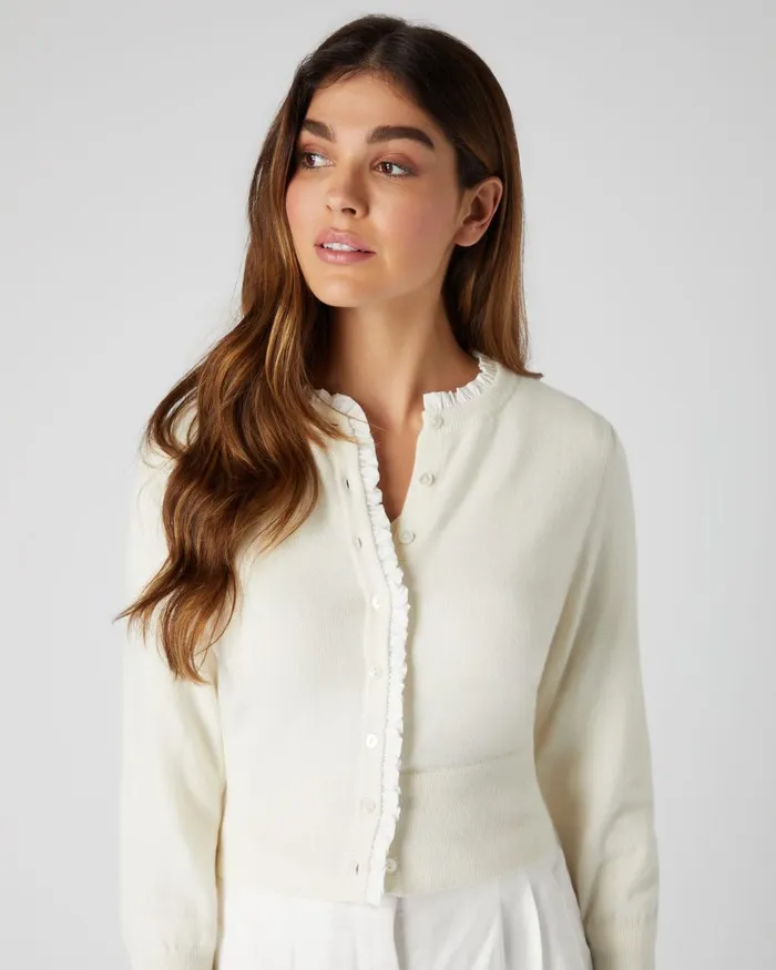 NPeal Cardigans Women Ruffle Trim Cropped Cashmere Cardigan In New Ivory White