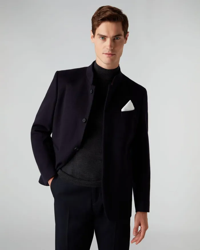 NPeal Coats and Jackets Men Woven Nehru Jacket In Navy Blue