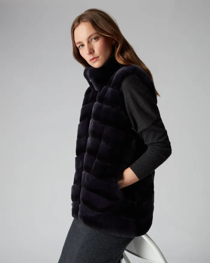 NPeal Coats and Jackets Women Rex Fur Ribbed Gilet In Navy Blue Ombre