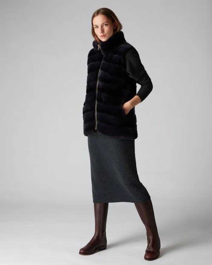 NPeal Coats and Jackets Women Rex Fur Ribbed Gilet In Navy Blue Ombre