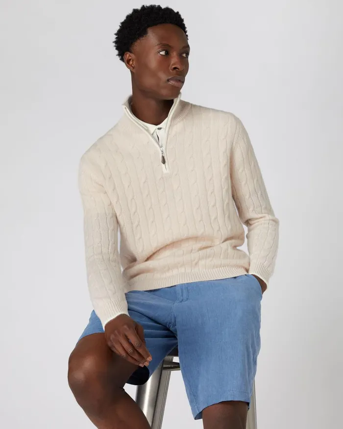 NPeal Half and Full Zip Knitwear Men Cable Half Zip Cashmere Jumper In Almond White NPeal Half and Full Zip Knitwear Men Cable Half Zip Cashmere Jumper In Almond White