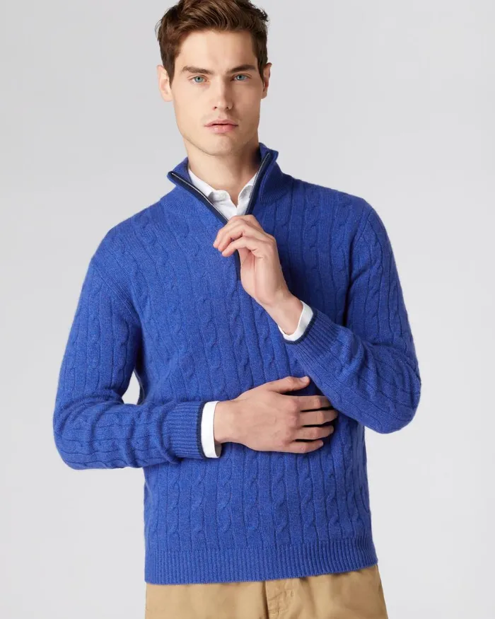 NPeal Half and Full Zip Knitwear Men Cable Half Zip Cashmere Jumper In Nile Blue NPeal Half and Full Zip Knitwear Men Cable Half Zip Cashmere Jumper In Nile Blue