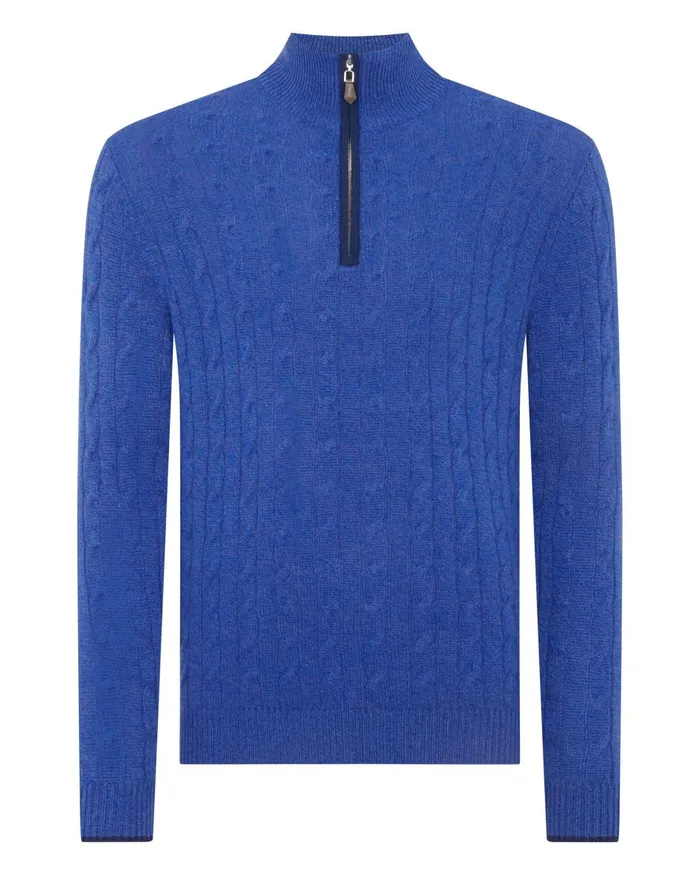 NPeal Half and Full Zip Knitwear Men Cable Half Zip Cashmere Jumper In Nile Blue