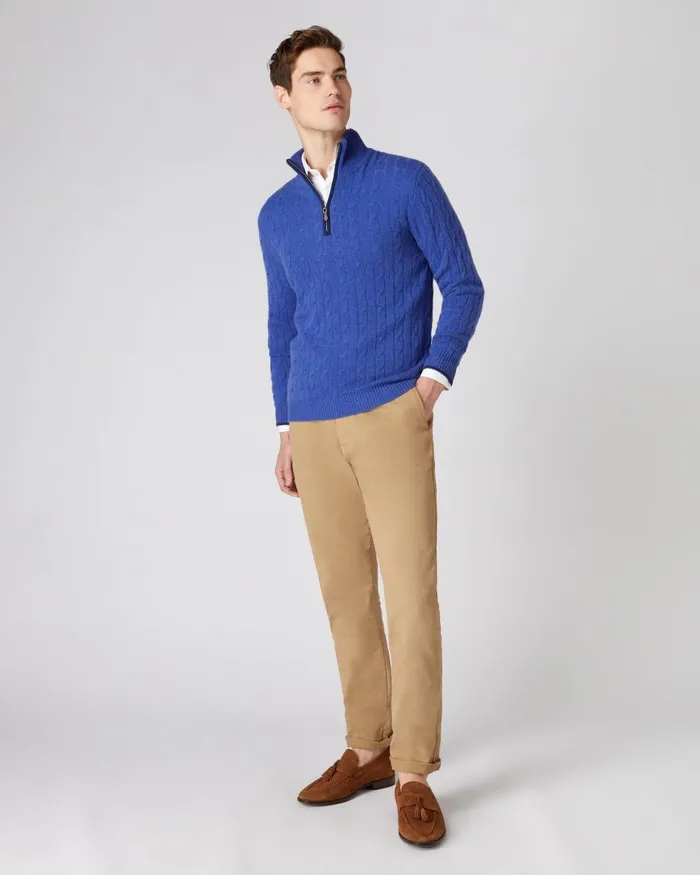 NPeal Half and Full Zip Knitwear Men Cable Half Zip Cashmere Jumper In Nile Blue