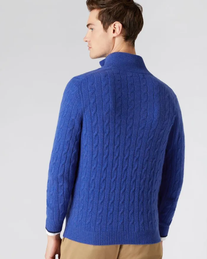 NPeal Half and Full Zip Knitwear Men Cable Half Zip Cashmere Jumper In Nile Blue