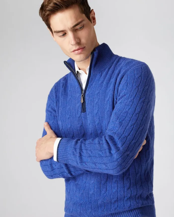 NPeal Half and Full Zip Knitwear Men Cable Half Zip Cashmere Jumper In Nile Blue