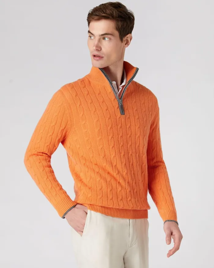 NPeal Half and Full Zip Knitwear Men Cable Half Zip Cashmere Jumper In Papaya Orange NPeal Half and Full Zip Knitwear Men Cable Half Zip Cashmere Jumper In Papaya Orange