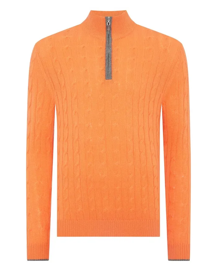 NPeal Half and Full Zip Knitwear Men Cable Half Zip Cashmere Jumper In Papaya Orange