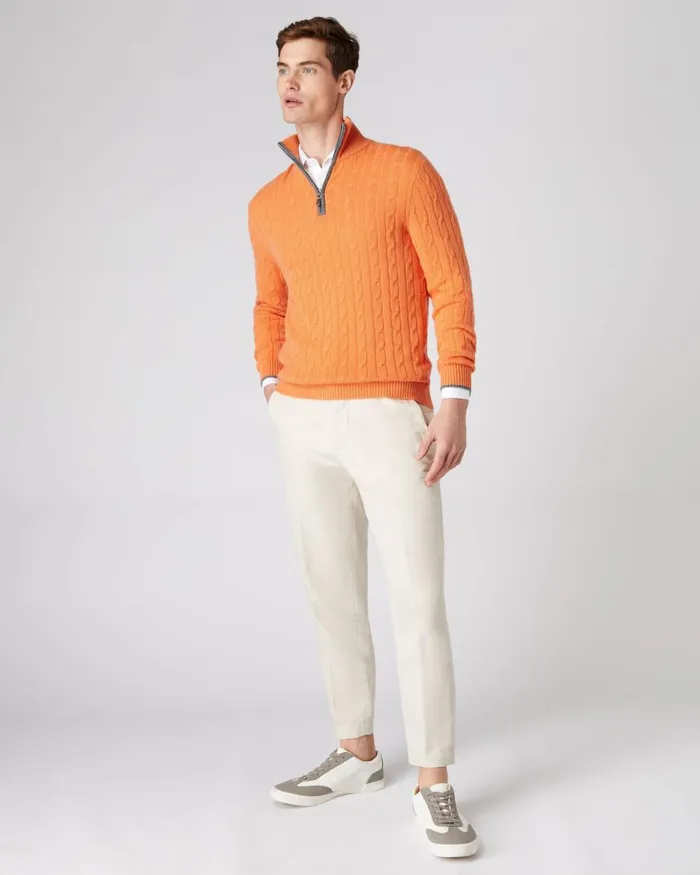 NPeal Half and Full Zip Knitwear Men Cable Half Zip Cashmere Jumper In Papaya Orange