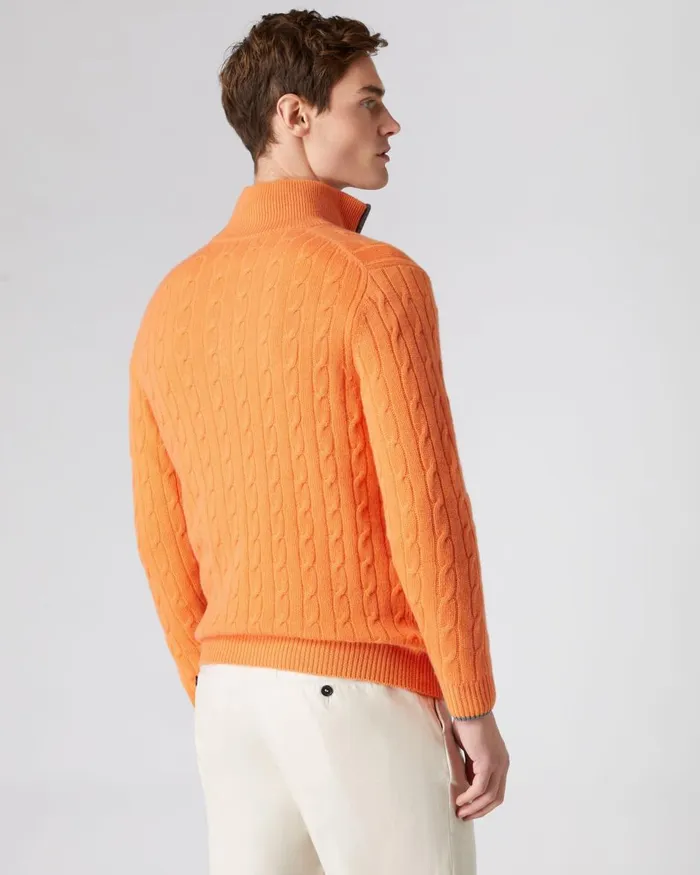 NPeal Half and Full Zip Knitwear Men Cable Half Zip Cashmere Jumper In Papaya Orange