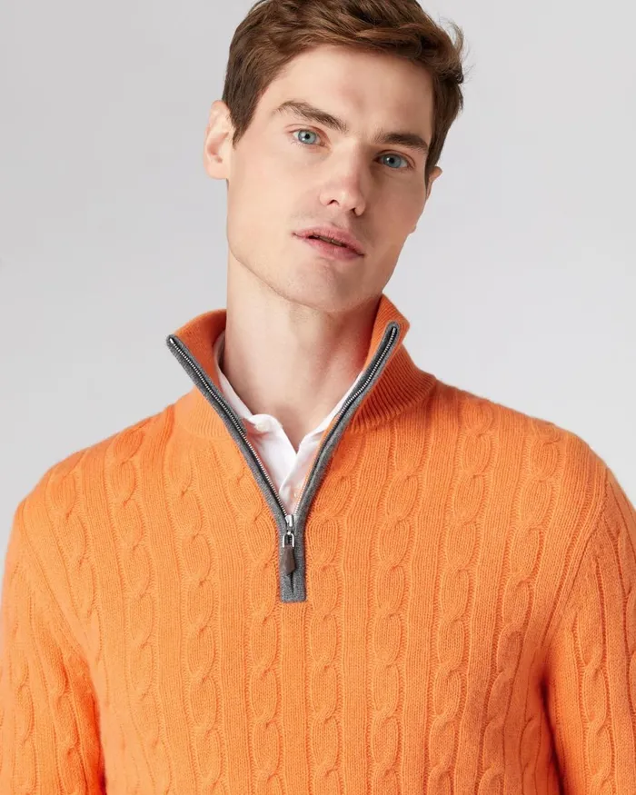 NPeal Half and Full Zip Knitwear Men Cable Half Zip Cashmere Jumper In Papaya Orange
