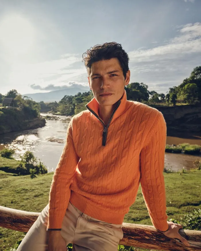 NPeal Half and Full Zip Knitwear Men Cable Half Zip Cashmere Jumper In Papaya Orange
