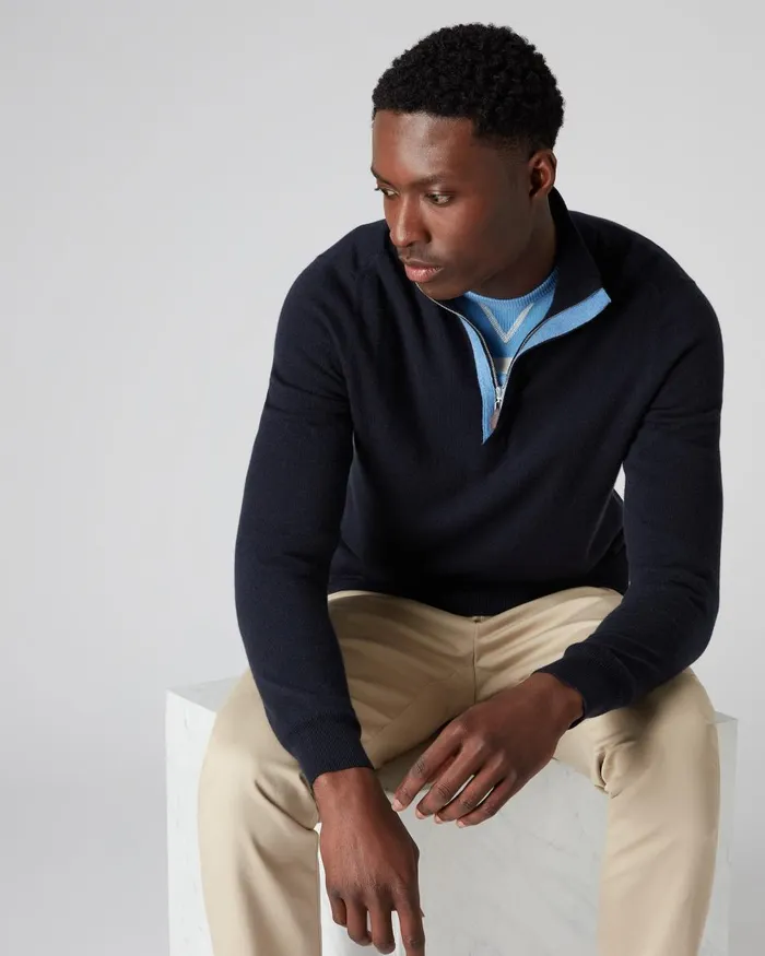 NPeal Half and Full Zip Knitwear Men Cashmere Half Zip Jumper In Navy Blue