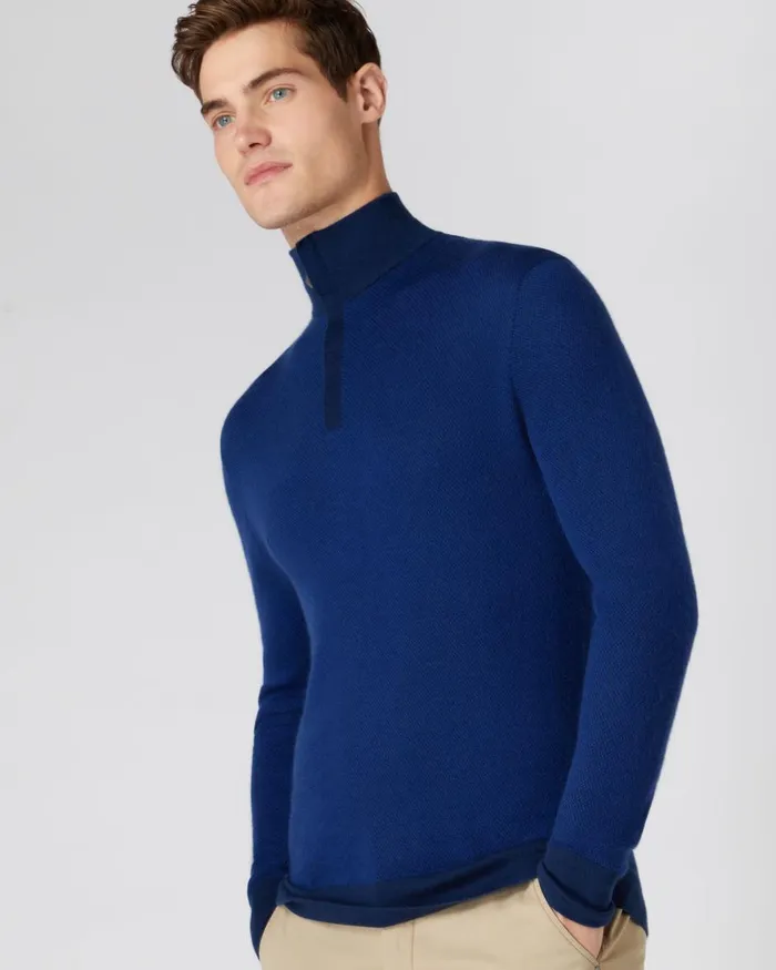NPeal Half and Full Zip Knitwear Men Fine Gauge Cashmere Pattern Half Zip Jumper In French Blue Ultramarine NPeal Half and Full Zip Knitwear Men Fine Gauge Cashmere Pattern Half Zip Jumper In French Blue Ultramarine