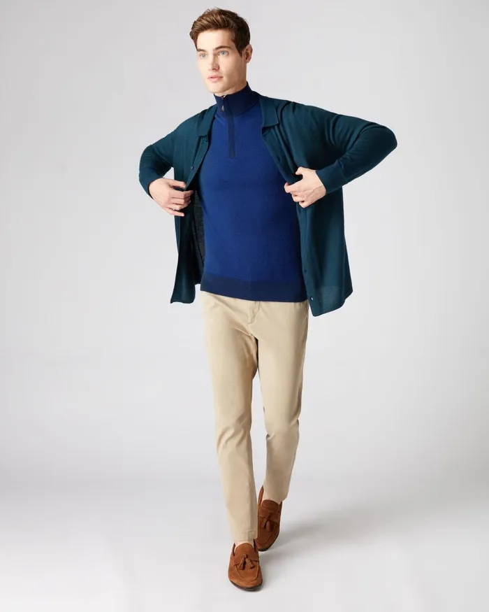 NPeal Half and Full Zip Knitwear Men Fine Gauge Cashmere Pattern Half Zip Jumper In French Blue Ultramarine