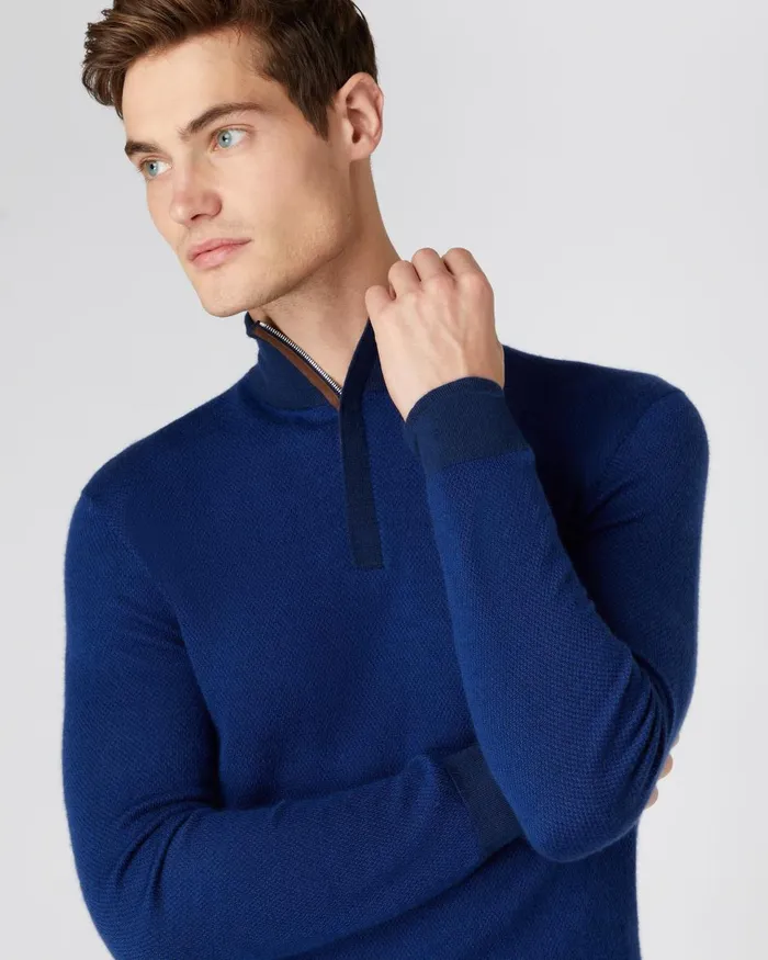 NPeal Half and Full Zip Knitwear Men Fine Gauge Cashmere Pattern Half Zip Jumper In French Blue Ultramarine