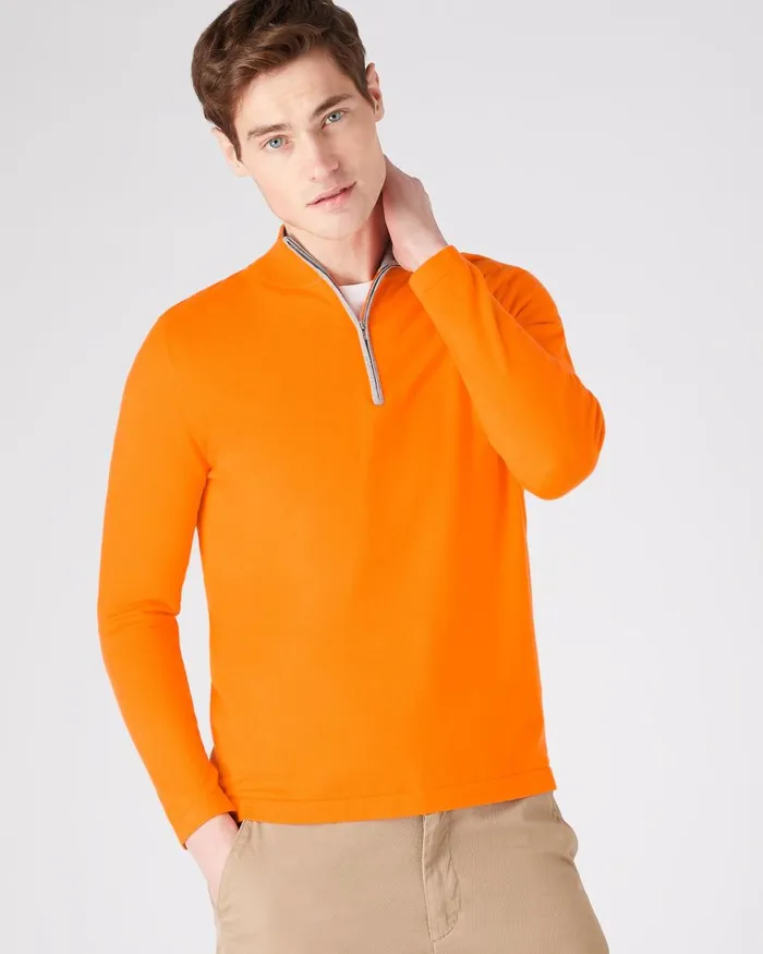 NPeal Half and Full Zip Knitwear Men Half Zip Cotton Cashmere Jumper In Tangerine Orange NPeal Half and Full Zip Knitwear Men Half Zip Cotton Cashmere Jumper In Tangerine Orange