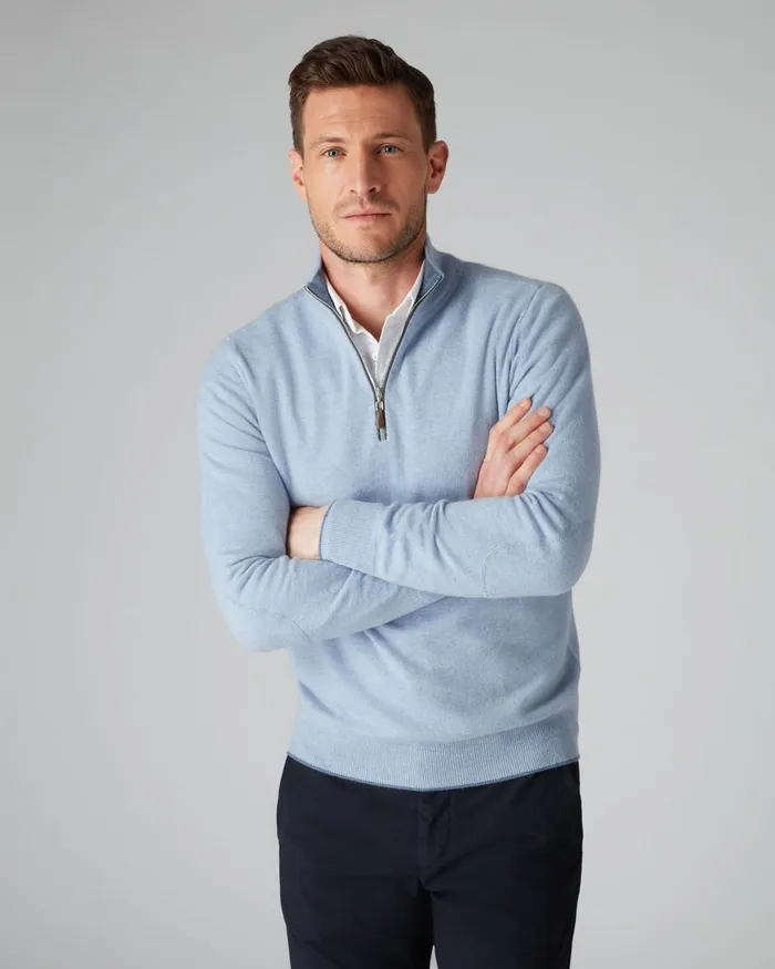 NPeal Half and Full Zip Knitwear Men The Carnaby Half Zip Cashmere Jumper In Cornflower Blue NPeal Half and Full Zip Knitwear Men The Carnaby Half Zip Cashmere Jumper In Cornflower Blue