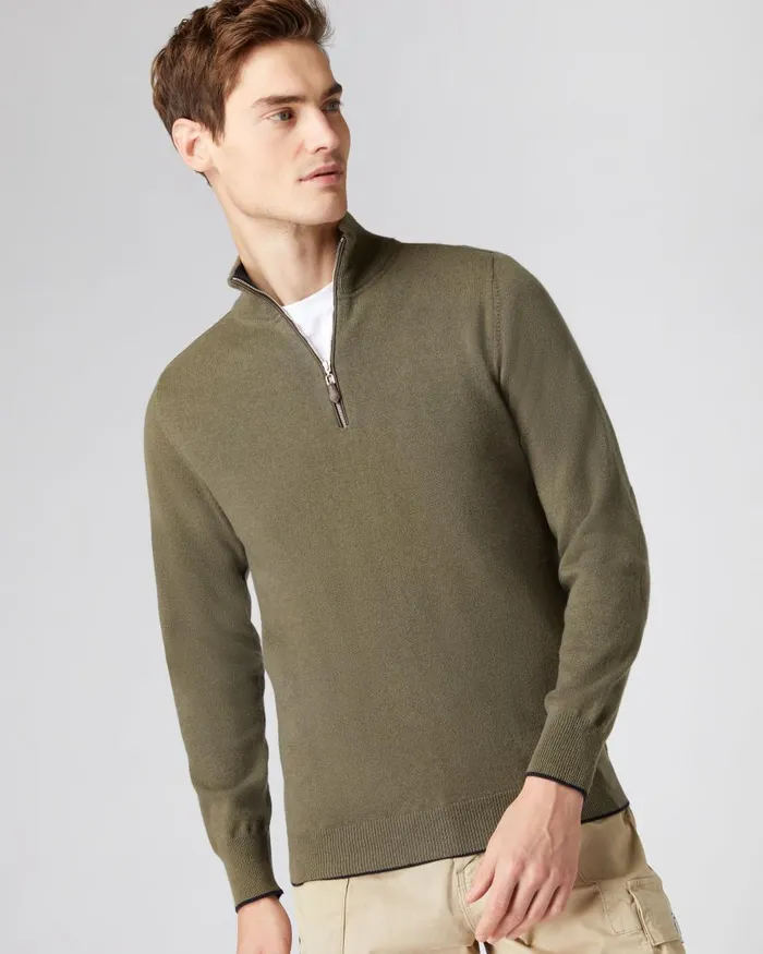 NPeal Half and Full Zip Knitwear Men The Carnaby Half Zip Cashmere Jumper In Khaki Green NPeal Half and Full Zip Knitwear Men The Carnaby Half Zip Cashmere Jumper In Khaki Green