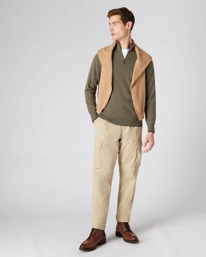 NPeal Half and Full Zip Knitwear Men The Carnaby Half Zip Cashmere Jumper In Khaki Green