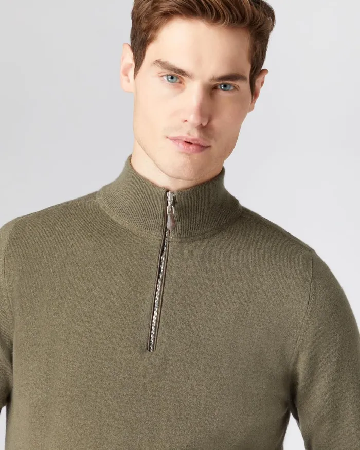 NPeal Half and Full Zip Knitwear Men The Carnaby Half Zip Cashmere Jumper In Khaki Green
