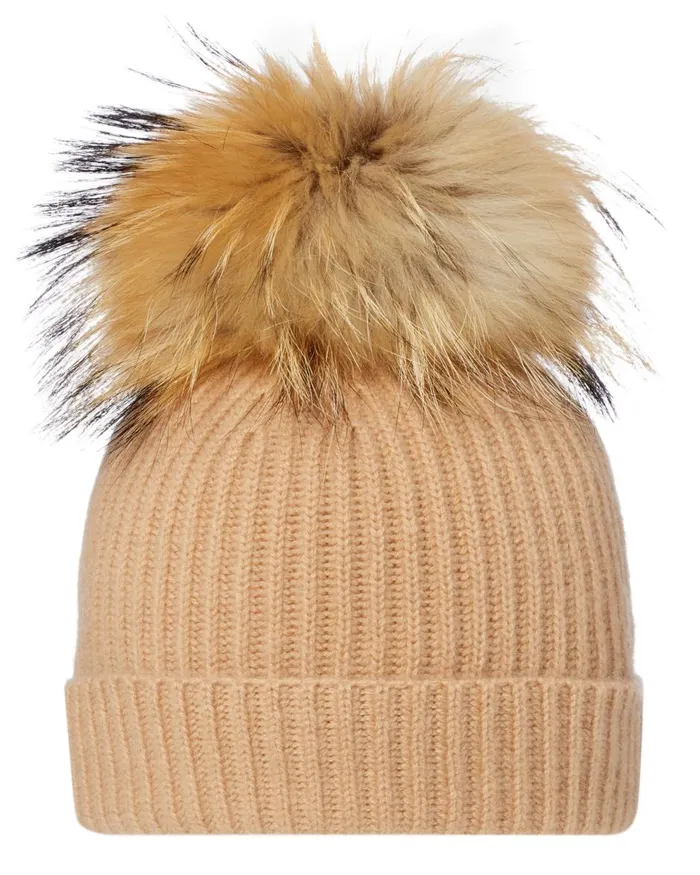 NPeal Hats WomenMen Unisex Ribbed Cashmere Hat With Detachable Pom In Camel Brown