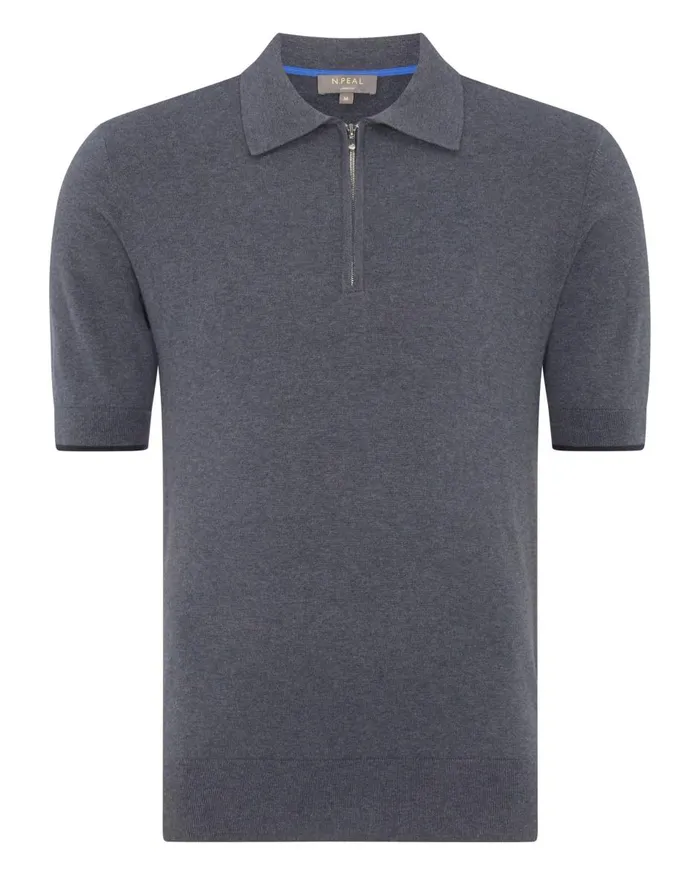 NPeal Polos and TShirts Men Half Zip Cotton Cashmere Polo T Shirt In Rhino Grey