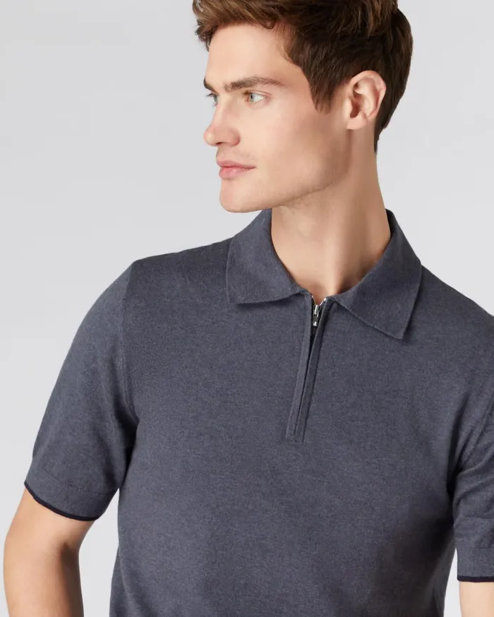 NPeal Polos and TShirts Men Half Zip Cotton Cashmere Polo T Shirt In Rhino Grey