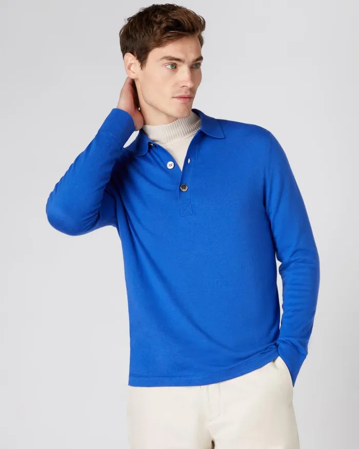 NPeal Polos and TShirts Men Long Sleeve Cotton Cashmere Polo Shirt In Victoria Blue