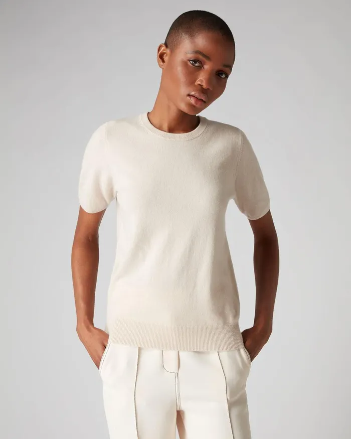 NPeal Tops and TShirts Women Round Neck Cashmere T Shirt In Almond White