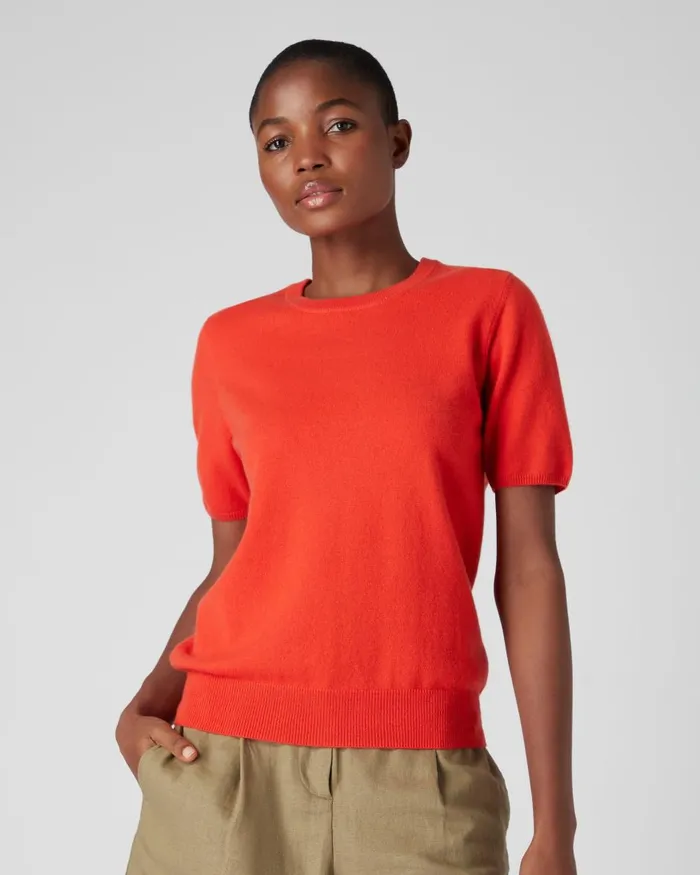 NPeal Tops and TShirts Women Round Neck Cashmere T Shirt In Vermillion Red
