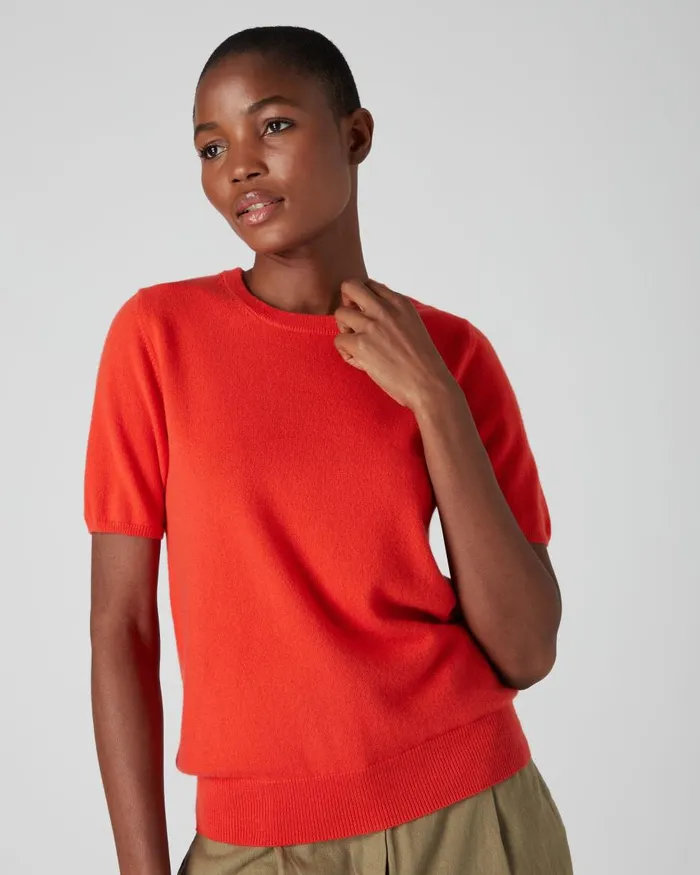 NPeal Tops and TShirts Women Round Neck Cashmere T Shirt In Vermillion Red