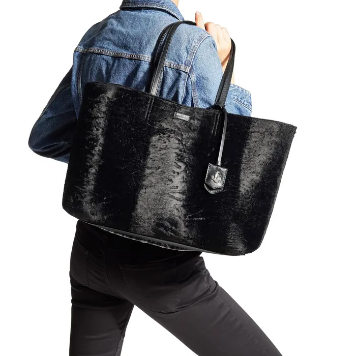 Nine2Five EW Black Wavy Printed Velvet Tote Handbag With Jc Emblem Black Women JIMMY CHOO Totes and Hobo Bags