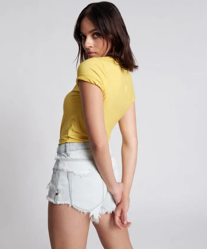 One Teaspoon Basic Tees Women Blazing Yellow Logo Fitted Tee