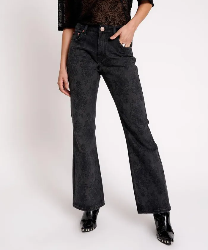 One Teaspoon Denim Jeans Women Black Lace Charlie Slim High Waist Bootcut Jeans