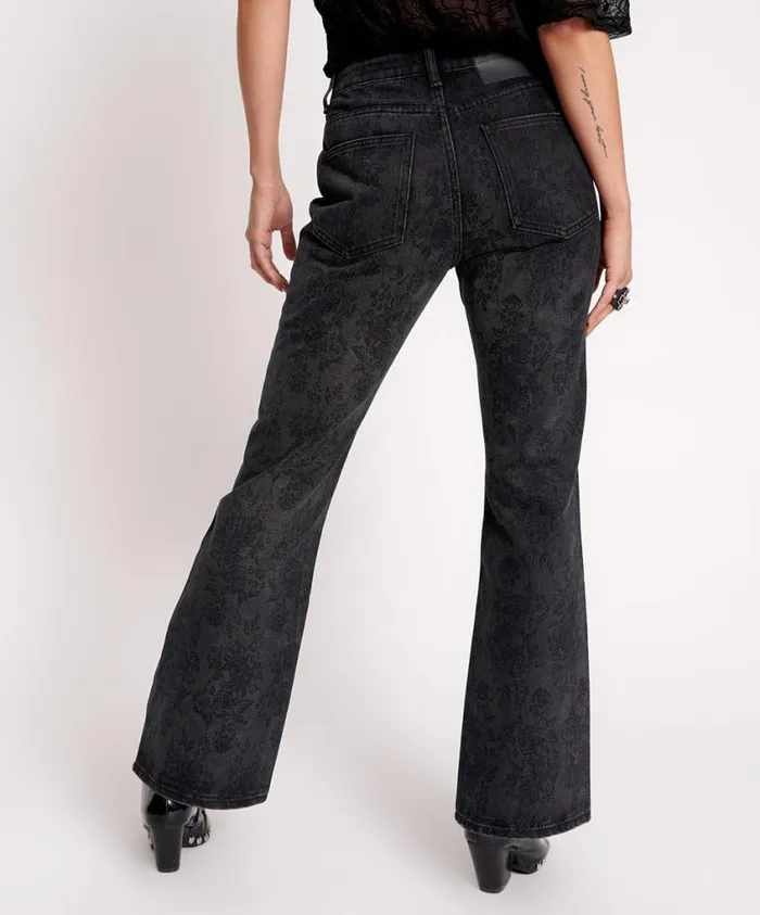 One Teaspoon Denim Jeans Women Black Lace Charlie Slim High Waist Bootcut Jeans