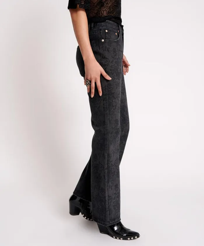 One Teaspoon Denim Jeans Women Black Lace Charlie Slim High Waist Bootcut Jeans