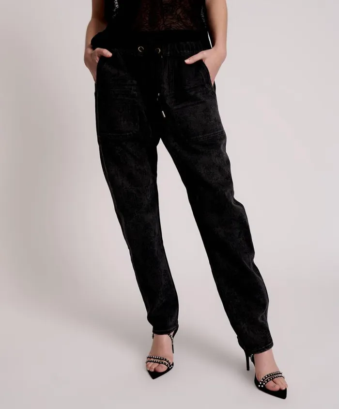 One Teaspoon Denim Jeans Women Black Lace Shabbies Drawstring Boyfriend Jeans