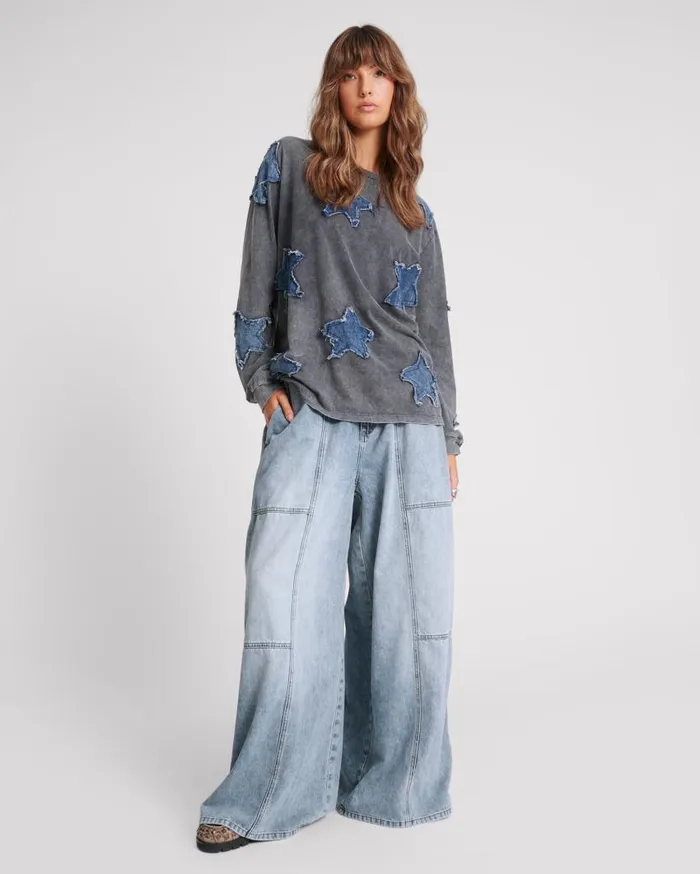 One Teaspoon Denim Jeans Women Blue Blossom Denim Palazzo Pants