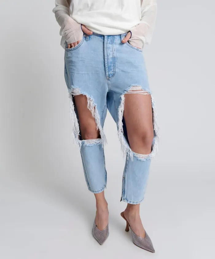 One Teaspoon Denim Jeans Women Blue Latte Kingpins Cropped Boyfriend Jeans