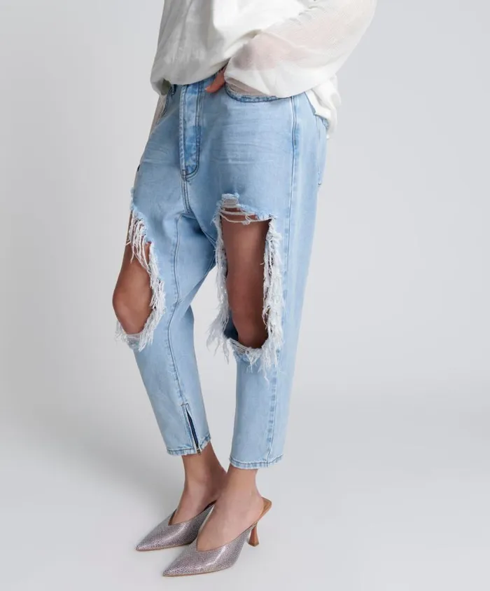 One Teaspoon Denim Jeans Women Blue Latte Kingpins Cropped Boyfriend Jeans