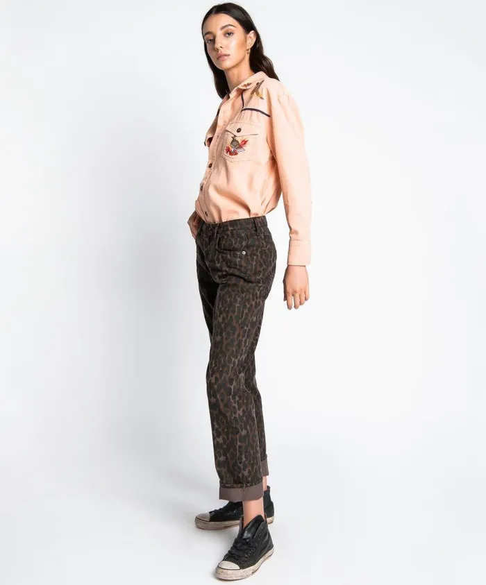 One Teaspoon Denim Jeans Women Bronze Leopard Truckers Straight Leg Jean