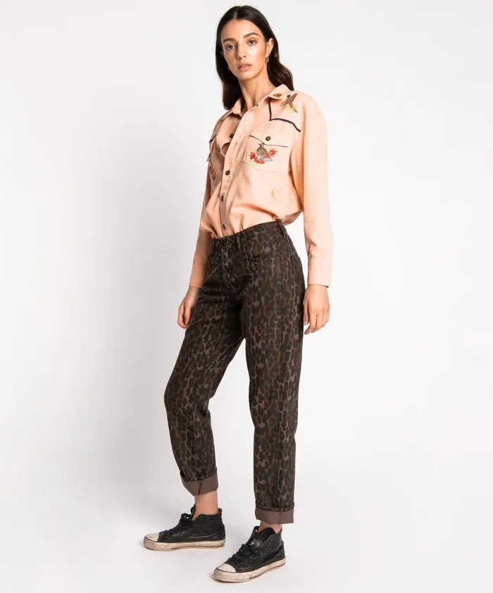 One Teaspoon Denim Jeans Women Bronze Leopard Truckers Straight Leg Jean