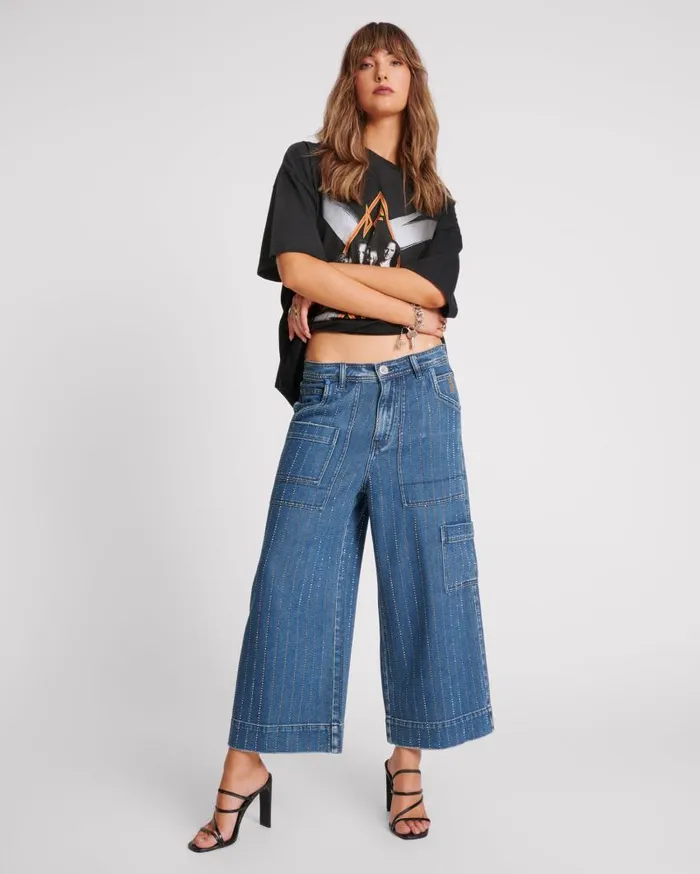 One Teaspoon Denim Jeans Women Glitter Highway Bad Boys Cropped Wide Leg Jeans