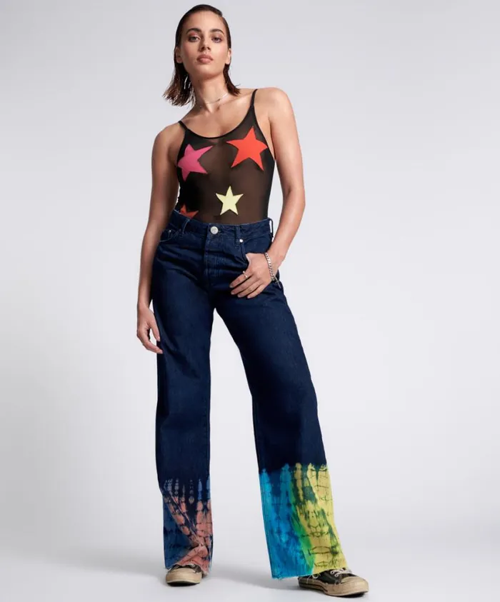 One Teaspoon Denim Jeans Women Paint Dipped Jackson Mid Waist Wide Leg Jeans