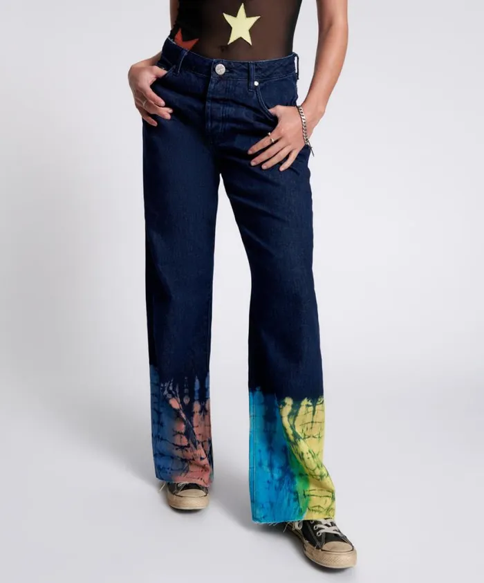 One Teaspoon Denim Jeans Women Paint Dipped Jackson Mid Waist Wide Leg Jeans