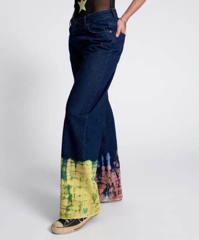 One Teaspoon Denim Jeans Women Paint Dipped Jackson Mid Waist Wide Leg Jeans